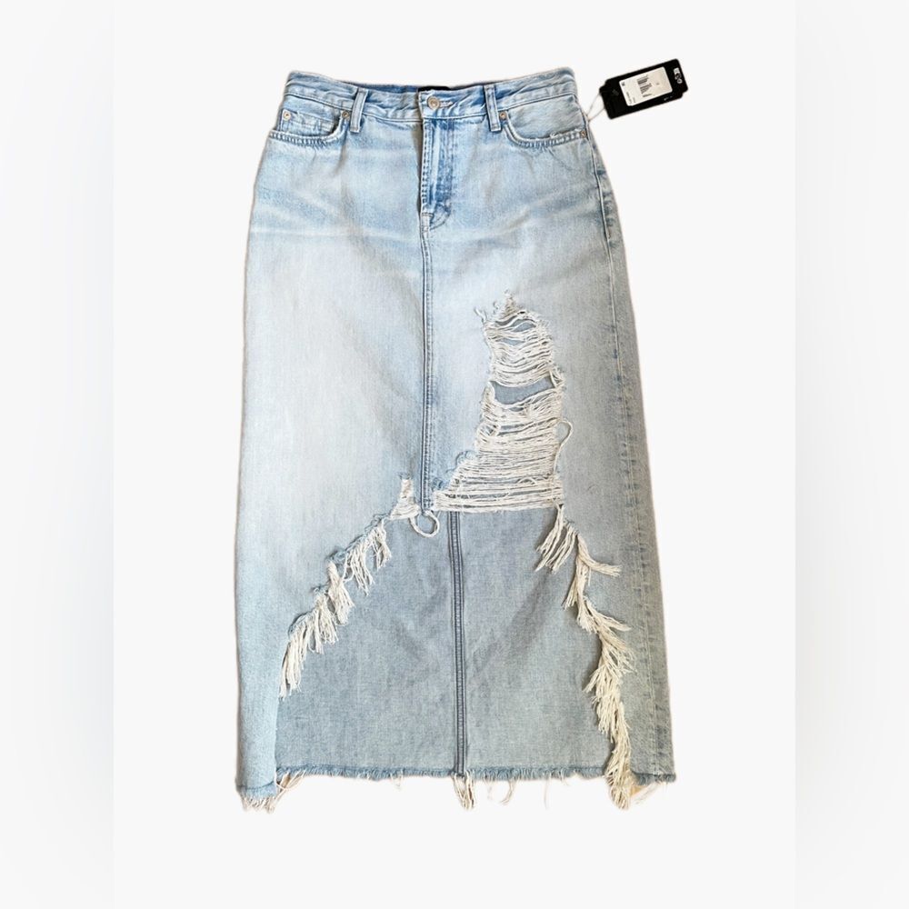 7 For All Mankind Denim Midi Skirt in Peaches Distressed Light Wash Size 27 NWT - Picture 14 of 14